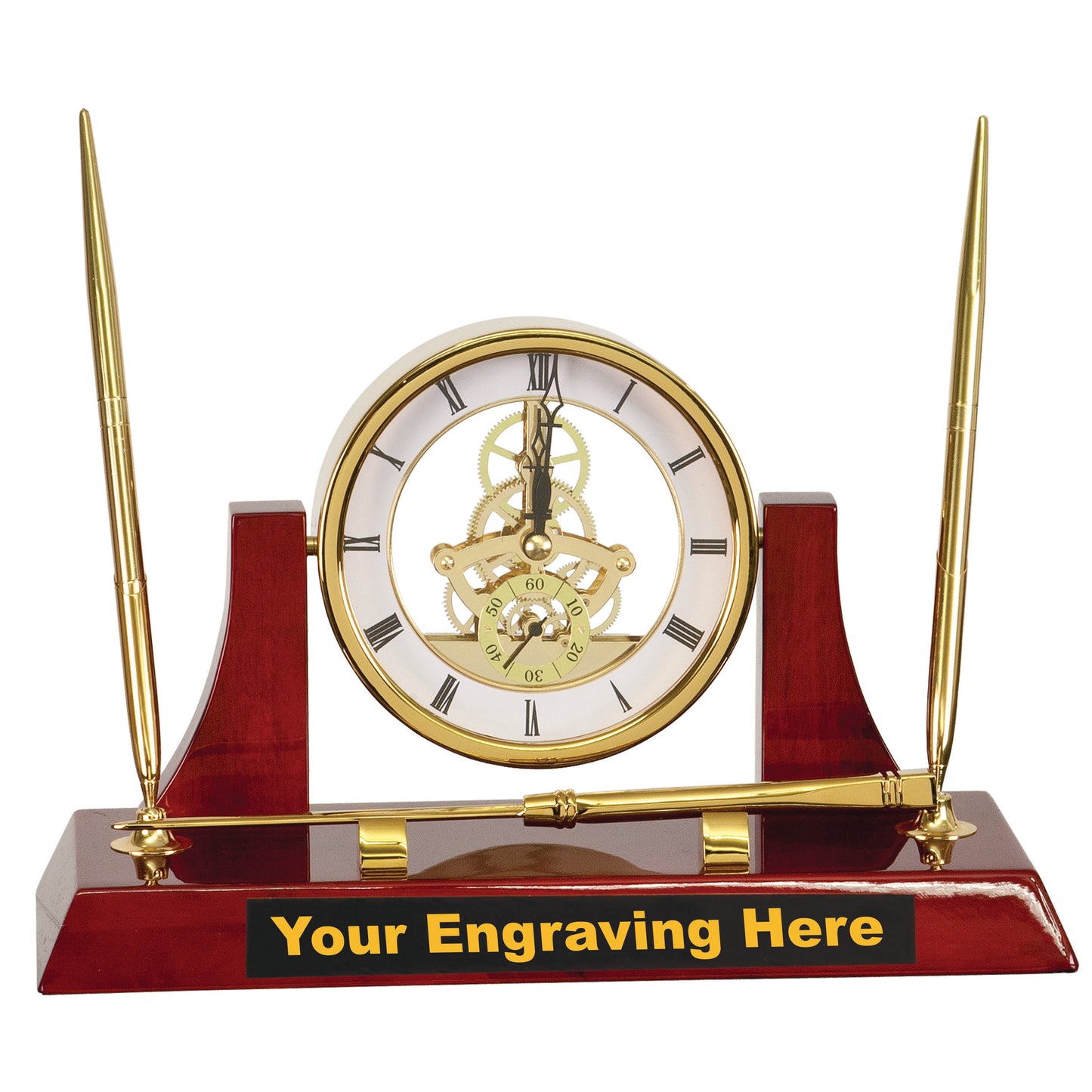 Executive Gold/Rosewood Piano Finish Clock w/2 Pens/Letter Opener - 10 1/2" x 6"